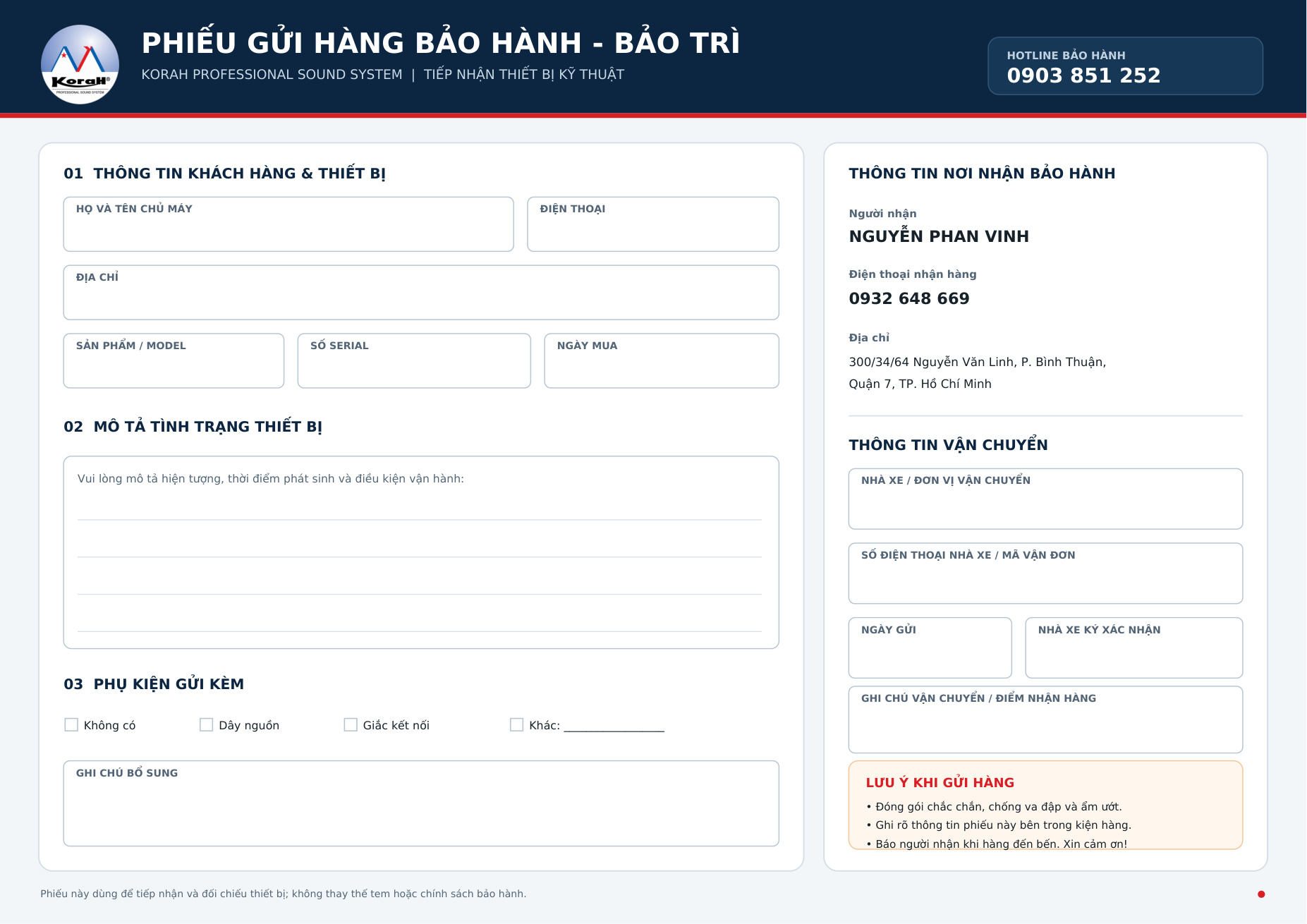 Phiếu gửi hàng bảo hành KORAH